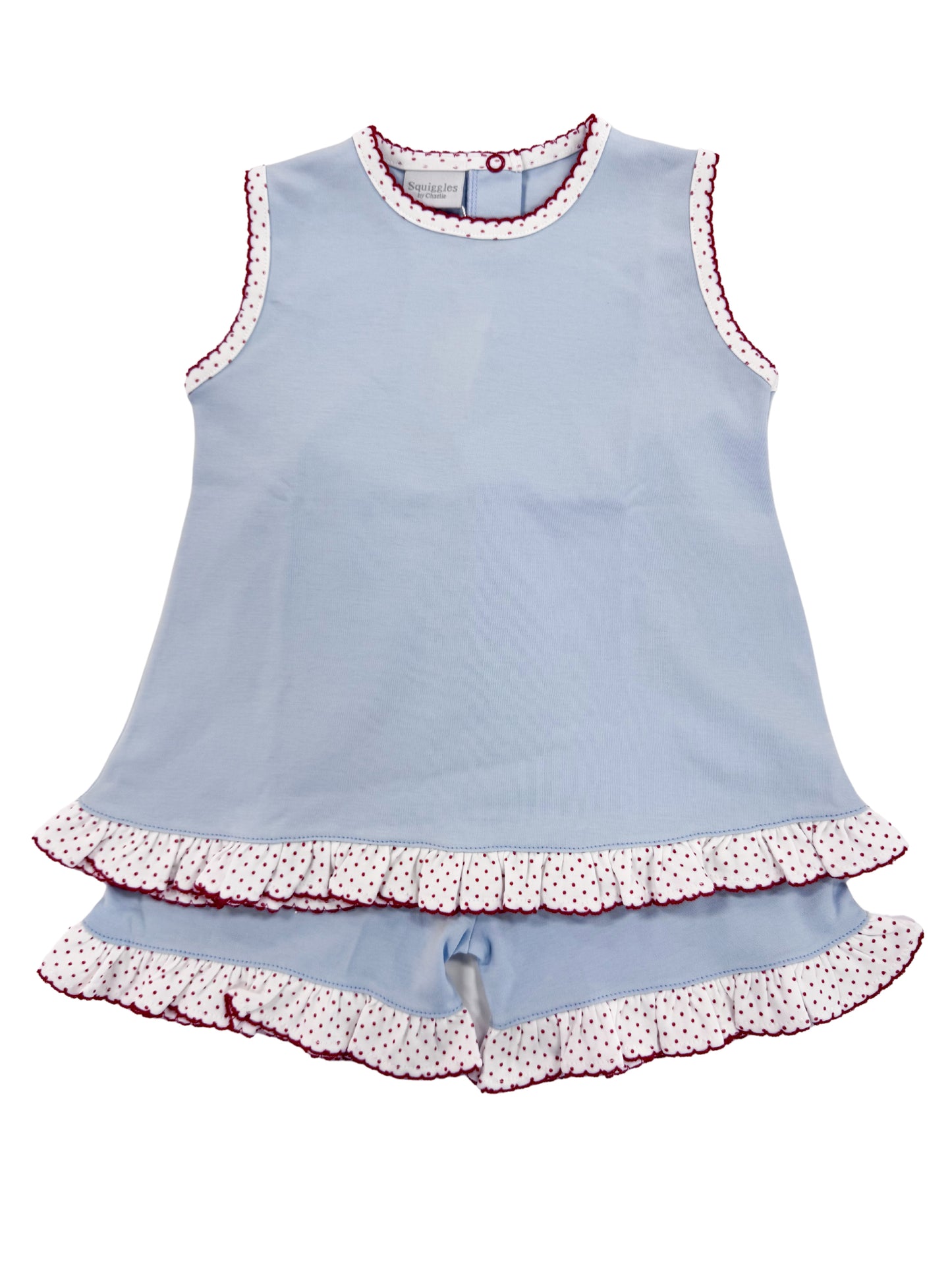 Blue W/ Red Bitty Dot Trim Short Set