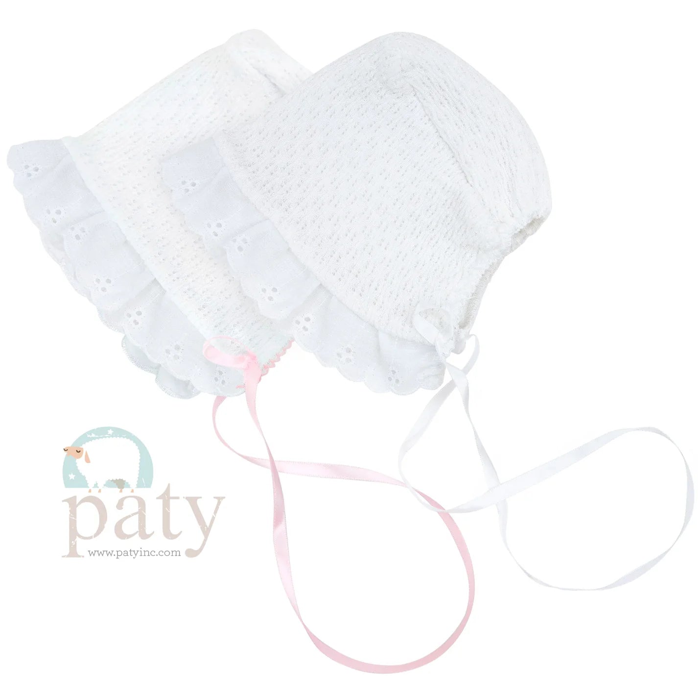 White Eyelet Bonnet with Pink Ribbon