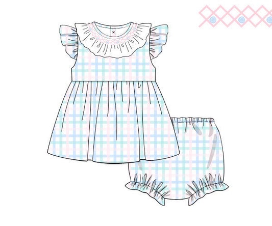 PRE ORDER Girls Spring Plaid Smocked Bloomer Set