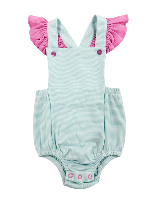Mint Stripe W/ Pink Ruffle Trim Sunsuit