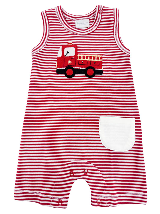 Red Stripe Firetruck Applique Romper