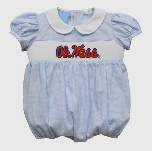 Collared Ole Miss Light Blue Gingham Smocked Bubble