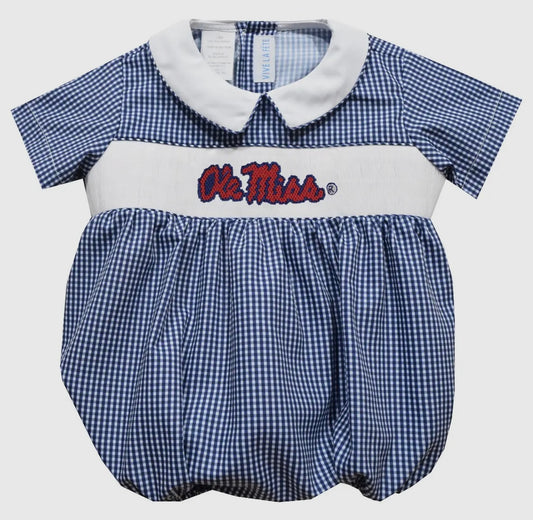 Boys Collared Ole Miss Smocked Navy Gingham Bubble