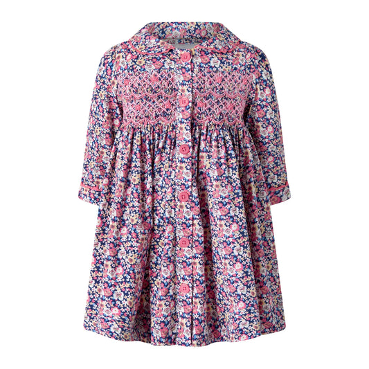 Navy Floral Smocked Button-front Dress