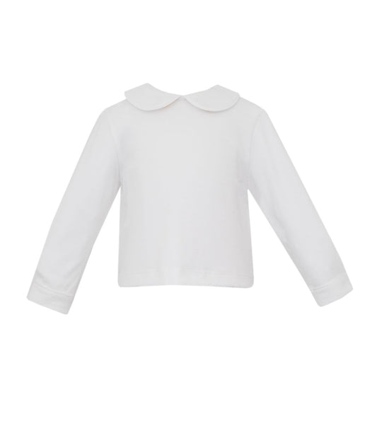 Knit Shirt- White Knit Peter Pan Shirt W/ Pipping