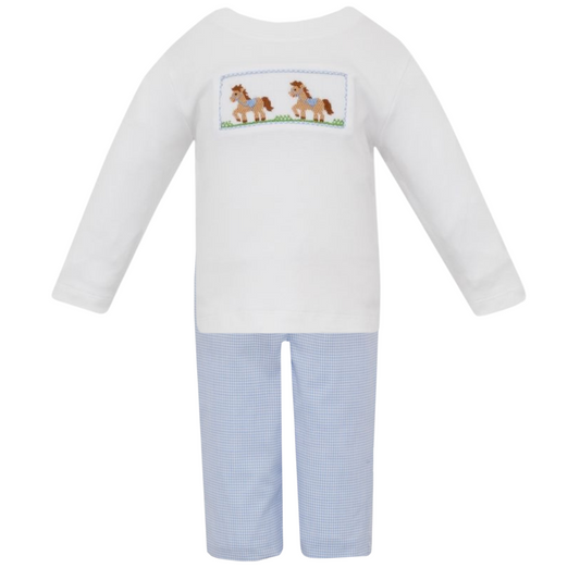 Horses- Smocked shirt w/ blue gingham pants