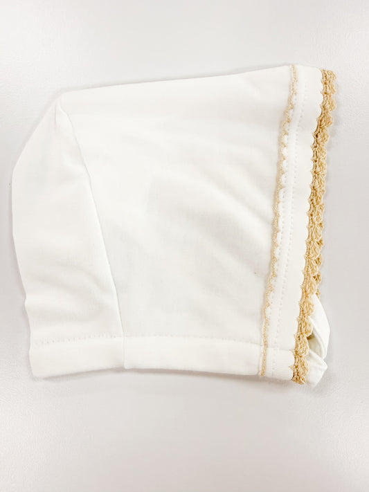 White W/ Ecru Trim Crochet Bonnet