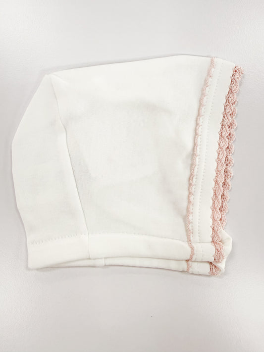 White W/ Pink Trim Crochet Bonnet