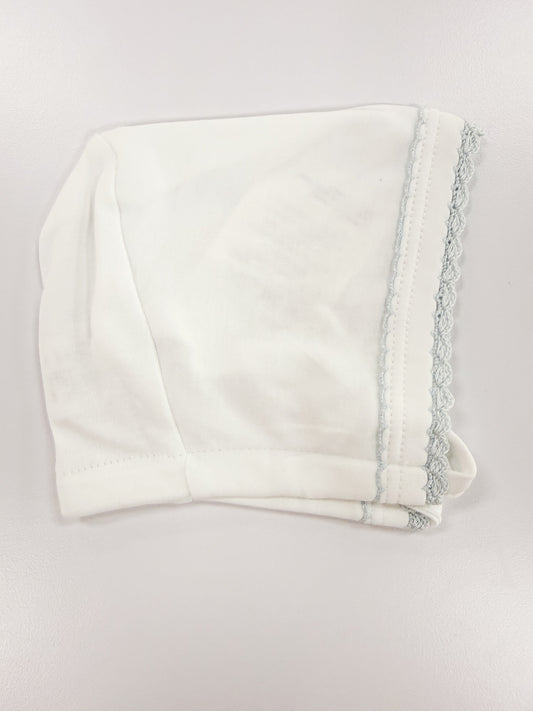 White W/ Blue Trim Crochet Bonnet