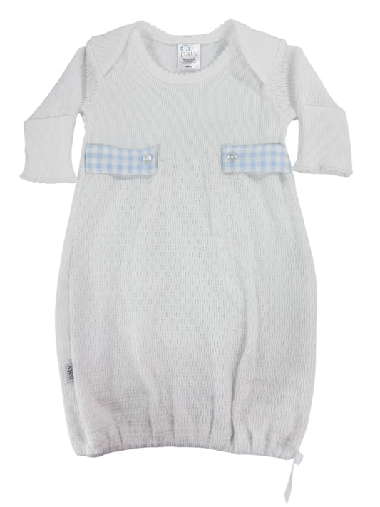 White Overlap Gown w Blue Gingham Tab