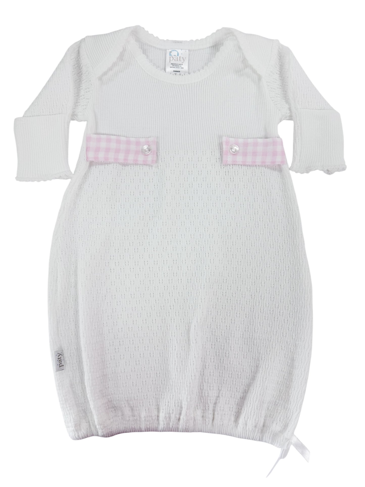 White Overlap Gown w Pink Gingham Tab
