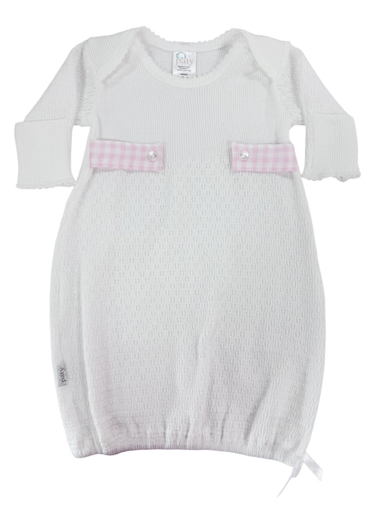White Overlap Gown w Pink Gingham Tab