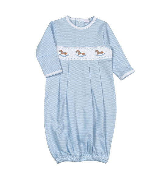 Blue Rocking Horse Smocked Pima Gown