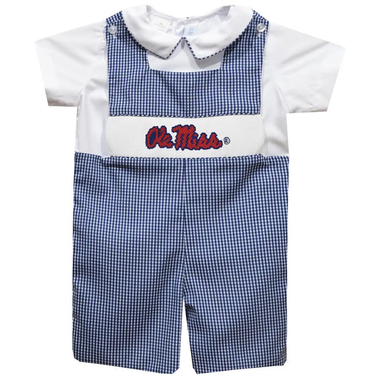 Ole Miss Rebels Smocked Navy Gingham Jon Jon & Short Sleeve