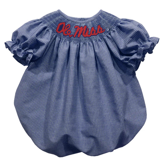 Ole Miss Rebels Smocked Navy Gingham Short Sleeve Bubble